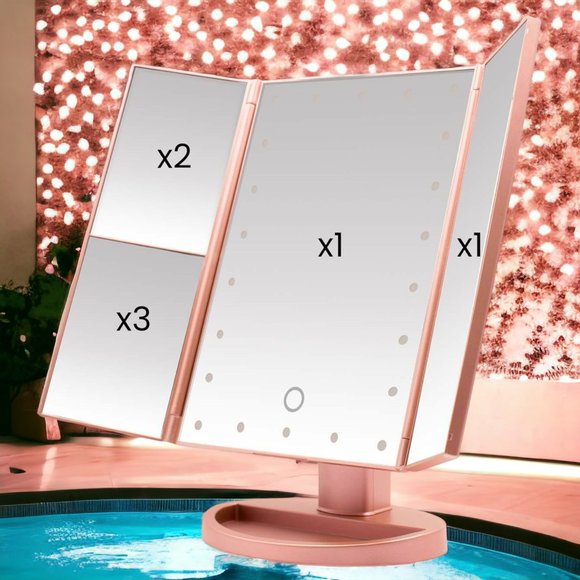 Tri-Fold Lighted Makeup Mirror 22 LED 1x 2x 3x Rose Gold USB Battery Operated - Picture 15 of 16